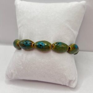 Glass Bead Stretch Bracelet | Blue Green Earth Tones | Handmade Style